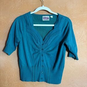 Rosie Neira Anthropologie Teal Fitted Button Cardigan Size M Y2K Knit Top